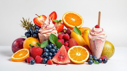 Colorful Fruit and Ice Cream Display, Artistic Arrangement, Food Photography, Gourmet Dessert