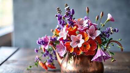 Colorful Flowers on Copper Kettle - Veronica, Xylosma, and Squill