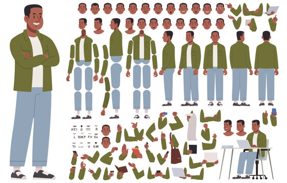 Happy guy character constructor. Cheerful African American man in casual clothes. Set of body arms legs positions for creating animations