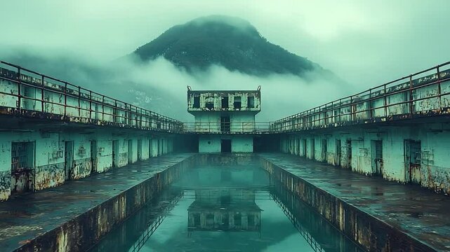 Abandoned military outpost reflecting misty mountain