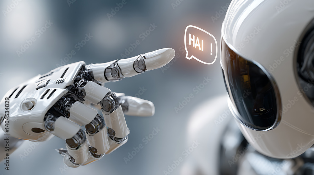 Poster a technologically advanced robot, expressing the greeting 'hai!', with a finger-pointing gesture, si
