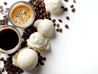 Two cups of coffee, one with a velvety crema, alongside three scoops of creamy vanilla ice cream surrounded by a scattering of aromatic roasted coffee beans.