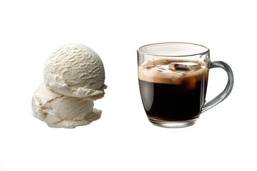 A close-up shot of a delightful summer treat, showcasing two creamy scoops of vanilla ice cream beside a refreshing iced coffee, promising a perfect balance of flavors