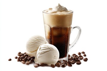 A tall glass of iced coffee, topped with creamy whipped cream and complemented by a scoop of vanilla ice cream and coffee bean
