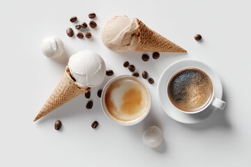 Indulge in a delightful pairing of creamy coffee ice cream nestled in crispy waffle cones, complemented by a rich cup of coffee and scattered coffee beans.
