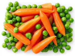 A vibrant arrangement of cooked carrots and green peas, presented in a visually appealing composition, ready to enjoy. 