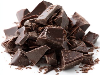 Close-up of dark chocolate chunks, with a rich, decadent texture. They are perfect for baking, snacking, or adding a luxurious touch to desserts.
