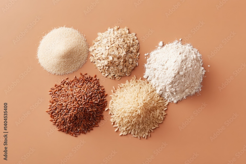 Poster top-down view of assorted grains and cereals on clean solid color background