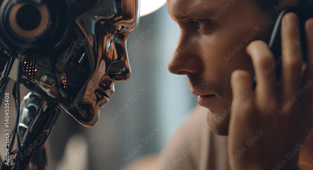 Poster a striking image of a man in deep contemplation, gazing at the sleek, metallic face of a robot, crea