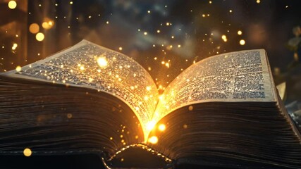 Mystical glowing light emanating from an ancient open book casting sparkling specks