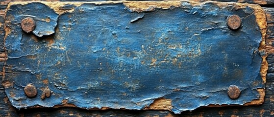 Weathered blue paint on wooden board, secured with rusty nails at the corners