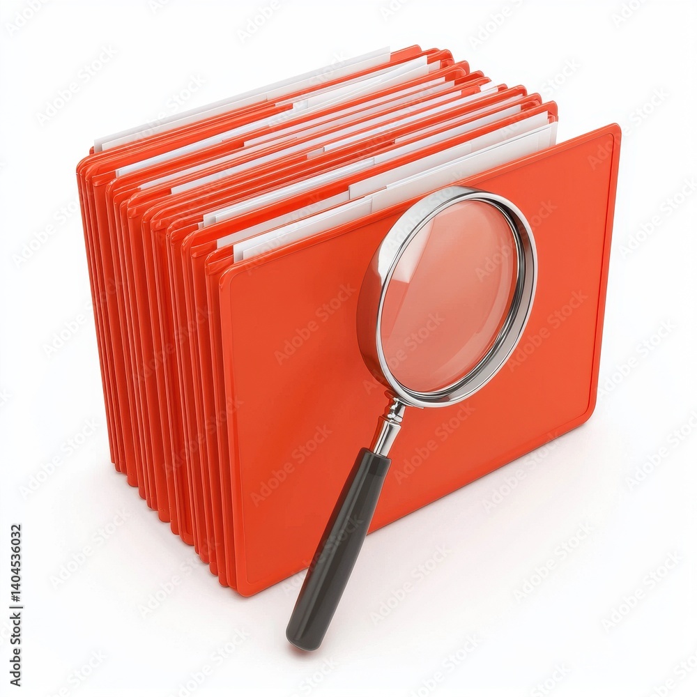 Poster red file folder stack with magnifying glass on white background