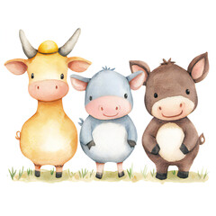 Cute farm animals, Watercolor clipart.