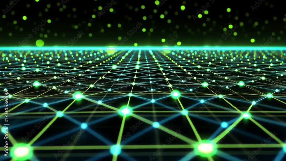 Poster animated digital network visualization with glowing dots and interconnected lines