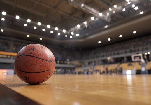 Basketball rests on court under arena lights, ready for an exciting game.