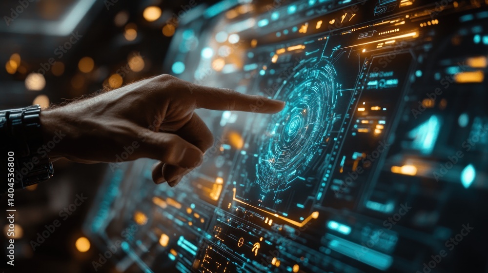 Poster futuristic technology interface: a hand interacts with a high-tech display
