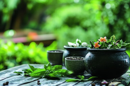 Thai herbs used in rejuvenation rituals, styled in luxury spa setting