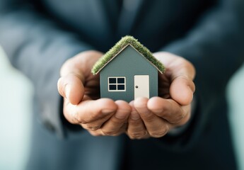 Hands Holding Model House with Green Roof in Business Context