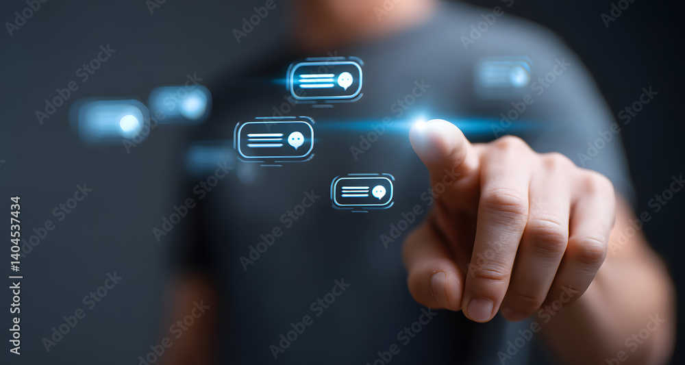 Poster a man's finger interacts with a futuristic digital interface, with multiple icons representing data,