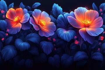 glowing floral elements looped into bold pattern on dark background