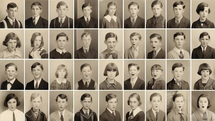 Vintage-style yearbook 1930s video portraits of children in sepia tones, still frame with minimal movement, nostalgic classroom atmosphere.