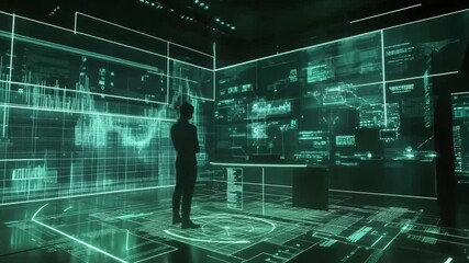 Futuristic Technology Surveillance Room with Digital Interface and Human Silhouette - Powered by Adobe