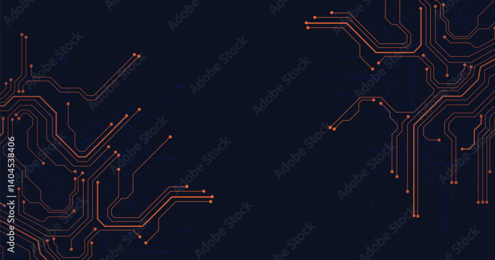 Poster dark orange circuit diagram on dark blue background. digital circuit board technology background for