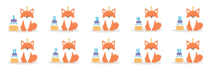Fototapeta premium Cute baby fox character in hat and cake with numbers from 1 before 10 vector set. Beautiful elements for Kids Birthday Party invitation,greeting card,poster,event,prints,cake toppers design