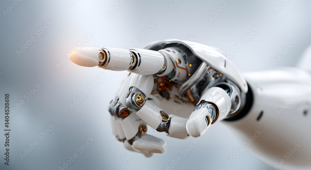 Poster an advanced robot hand, exhibiting the futuristic potential of robotics and technology. the close-up