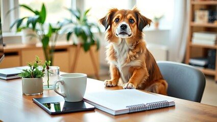 Stylish Workspace with Dog, Notebook, and Coffee. Freelance Inspiration.