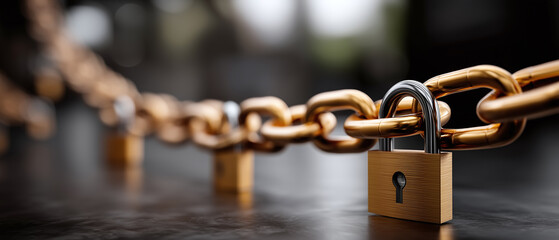 A thick golden chain secured with multiple padlocks, symbolizing restriction, control, or protection in a high-contrast visual concept.