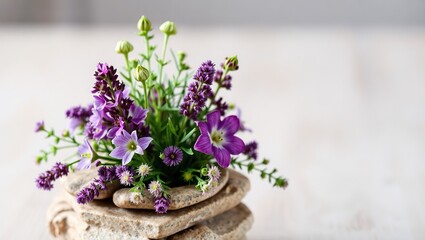Stacked Stone Holder with Purple and Green Lychnis and Lythrum Flowers