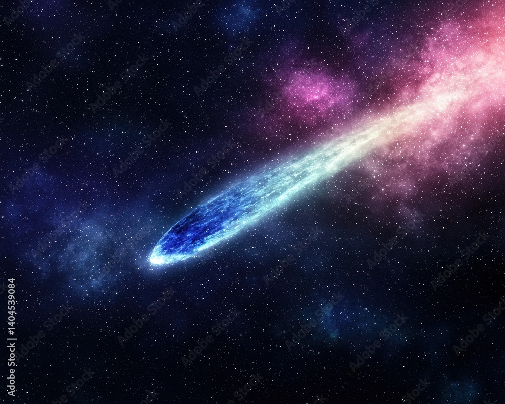 Poster vibrant colorful comet in deep space with stellar background