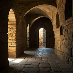 Obraz premium dimly lit, atmospheric interior featuring ancient stone walls 