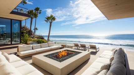 Naklejka premium Fire pit and furniture on a modern luxury beach house patio with a sunny ocean view