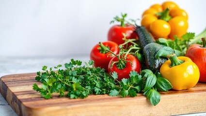 Rustic Wooden Cutting Board with Fresh Herbs and Vegetables - Kitchen Prep