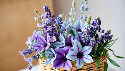 Elegant Arrangement of Teal, Silver, and Purple Flowers in Woven Reed Pot