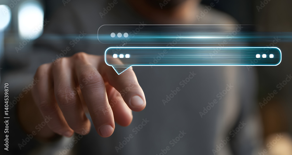 Poster an individual's fingertip interacts with a digital message bubble, symbolizing modern communication 
