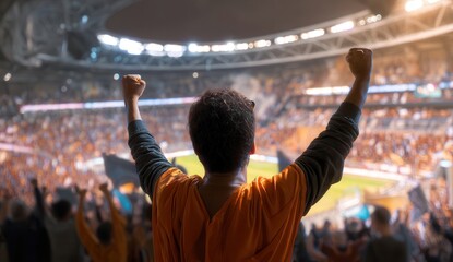 A man cheers in a lively stadium, celebrating a victorious moment with fellow fans.