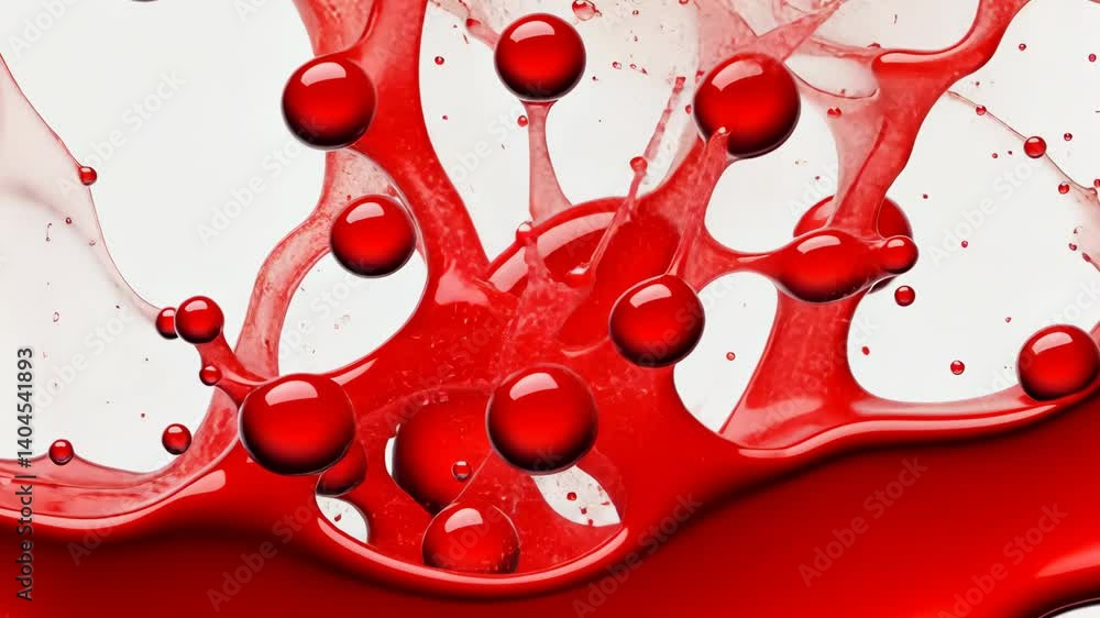 Poster dynamic abstract visualization of red liquid with spherical formations, flowing fluid and merging dr