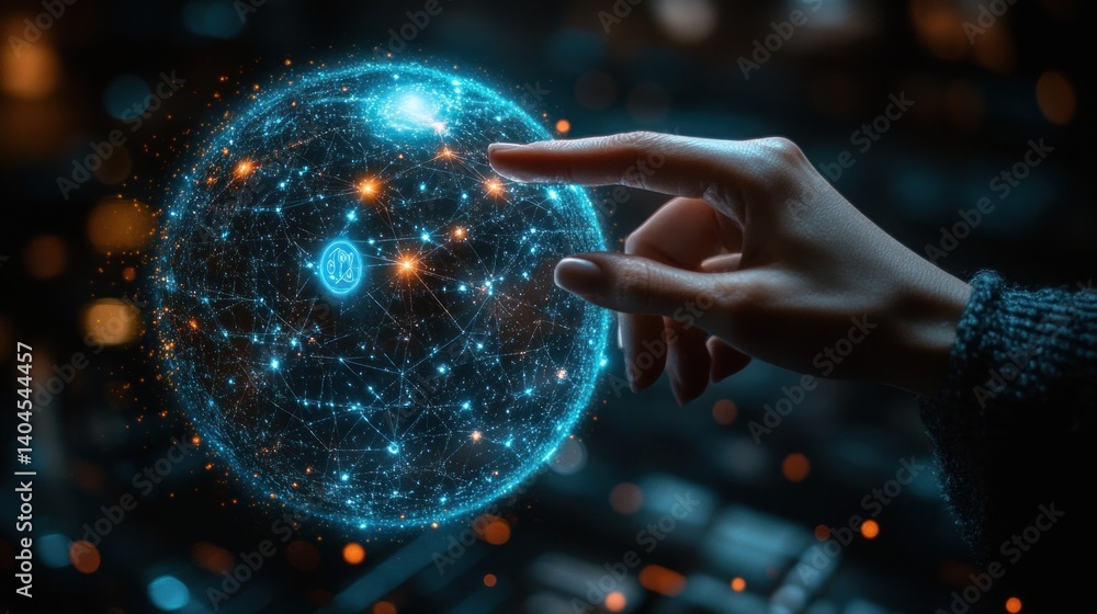 Poster global network connection: a hand interacting with a digital sphere