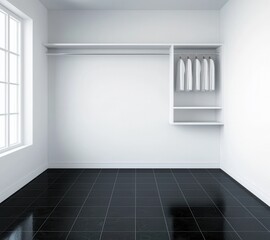 Minimalist Empty Room with White Walls and Black Floor Tiles