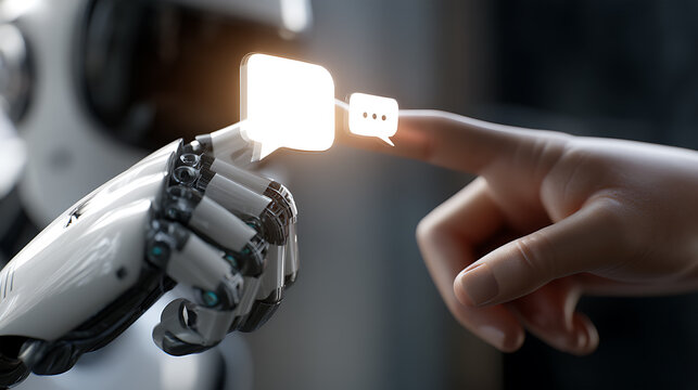 A close-up, futuristic scene showcases the interaction between human hand and a robotic arm, highlighting the seamless integration of technology and artificial intelligence in a digital world.
