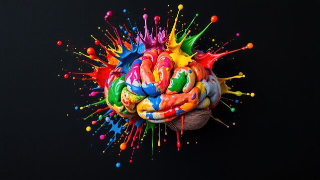 Exploding Brain of Creativity with Paint Splashes on Black Background