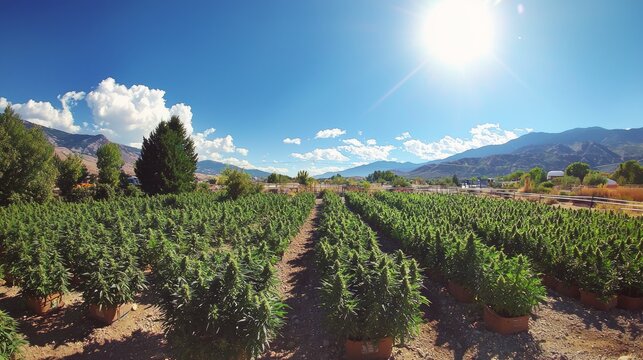 Vibrant Cannabis Farm Under Bright Sunlight in Lush Landscape