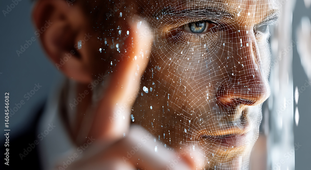 Poster an intelligent gaze, a face intertwined with technological patterns hinting at futuristic connection