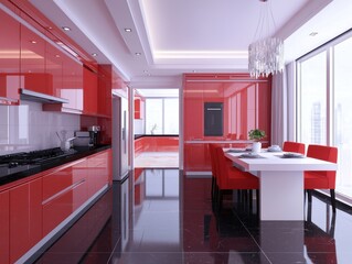 Modern High-Gloss Red Kitchen with Sleek Design and Bright Lighting
