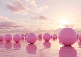 Surreal landscape with giant glossy pink spheres on liquid surface – pastel sky and dreamy futuristic 3d render