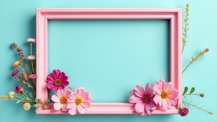 Elegant Gold and Teal Plastic Frame with Pink Candy Stripe, Filled with Fresh Flowers.