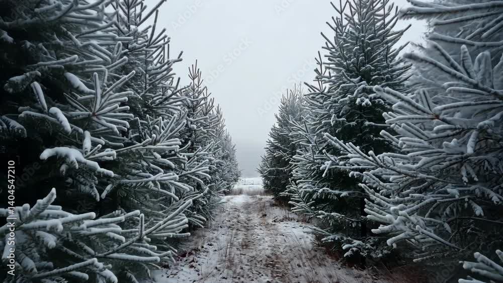 Poster snow-covered evergreen trees lining a path through a winter landscape on an overcast day, creating a